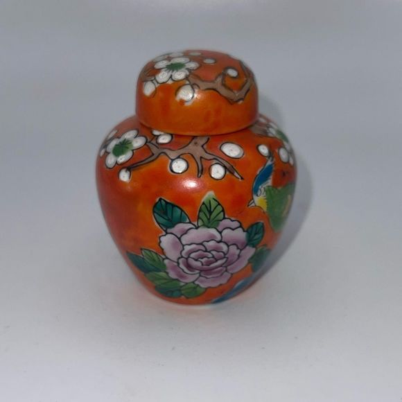 Orange cherry blossom bird floral ginger jar 3” hand painted - Picture 1 of 6